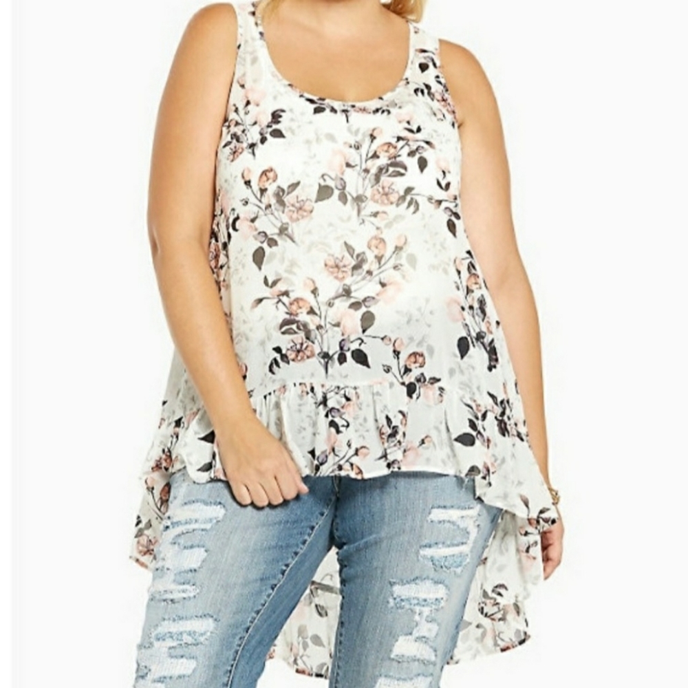 Torrid NWT Floral Sheer Chiffon Sleeveless Hi Lo Ruffle Tank Sz 0 = Large